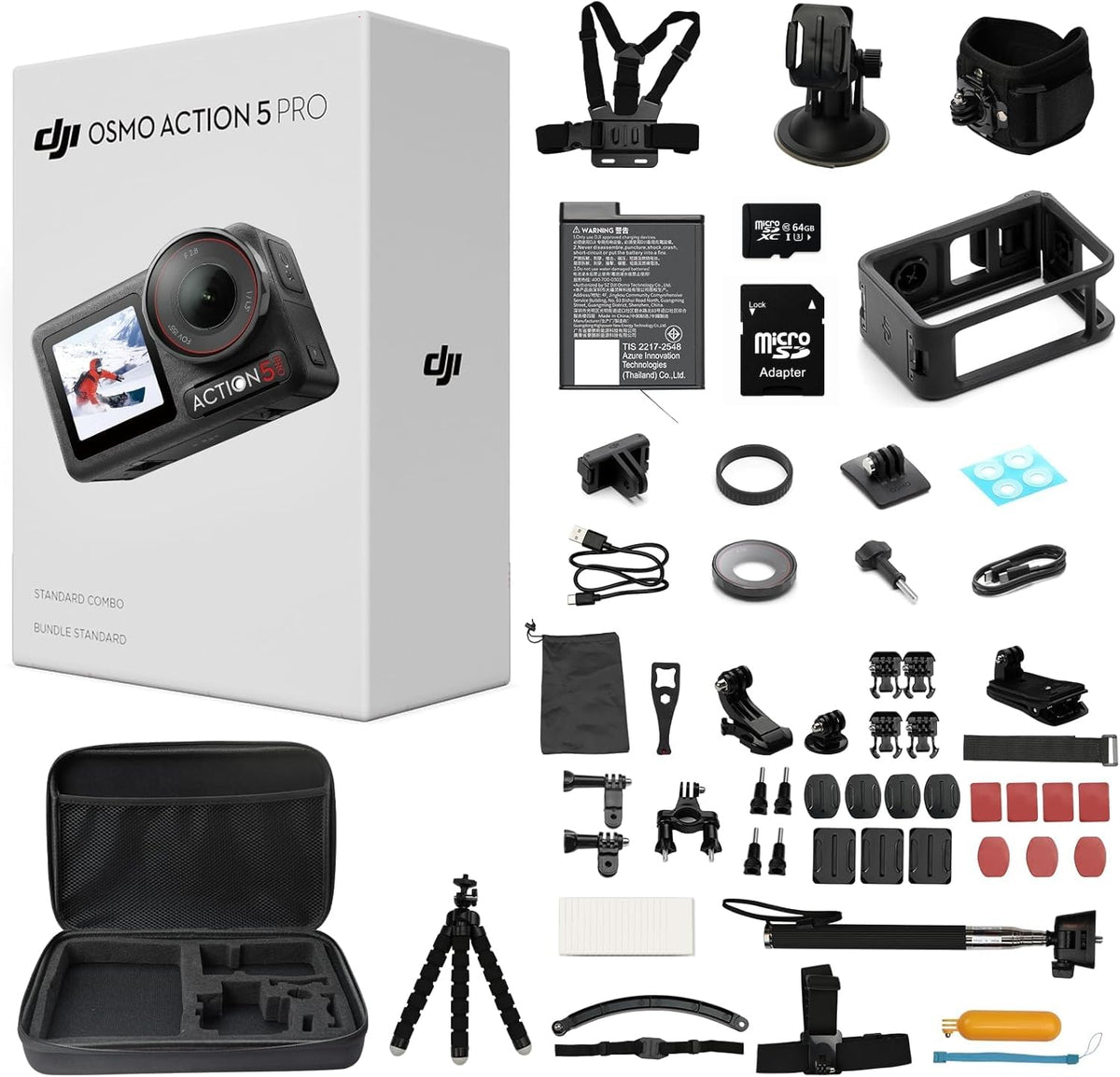DJI Osmo Action 5 Pro Waterproof Action Camera Bundle, 1/1.3" Sensor
