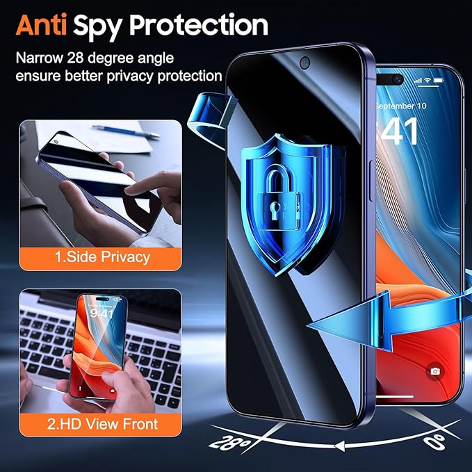 UniqueMe for iPhone 16 / iPhone 15 Privacy Screen Protector - [Military Grade Shatterproof & 9H+ Hardness] Screen Protector 16/15 Tempered Glass Full Coverage Protection, Easy to install, 2 Packs