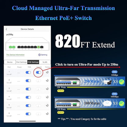 10-Port PoE Switch (8 PoE Ports@120W Built-in Power, 2 Uplink) with Extend Function, Managed Ethernet Switch, Plug & Play, Fanless Metal Design, VLAN, Qos,Desktop/Wall Mount