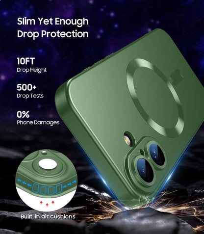 LEKEVO Magnetic for iPhone 16 Case [Compatible with MagSafe][Built-in Camera Lens Protector] Slim Soft Silicone Bumper Shockproof Metallic Luster Phone Case (Green)
