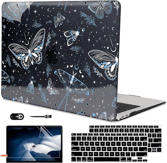 for MacBook Air 13 inch Case 2021 2020 2019 2018 Release M1 A2337 A2179 A1932, Glitter Black Pritned Pattern Hard Case Cover for Mac Air 13 M1 Retina Display with Touch ID, Butterfly Sky