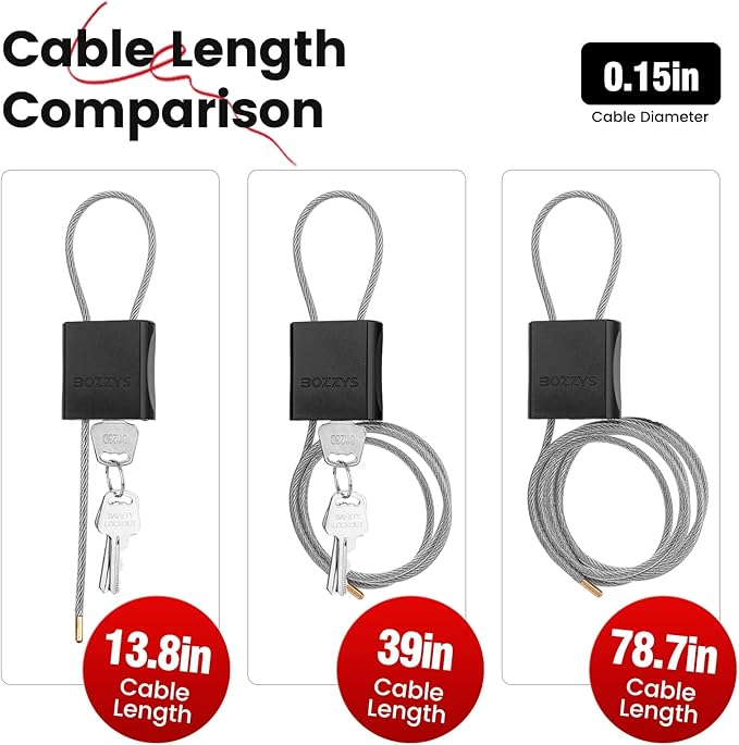 Cable Padlock with 3 Keys | L 1.15ft(0.35m),D 1/6in(4mm) Adjustable Steel Cable Lock | Aluminum Locks for Bikes, Gate, Lockers & Outdoor Gear | Weatherproof & Black