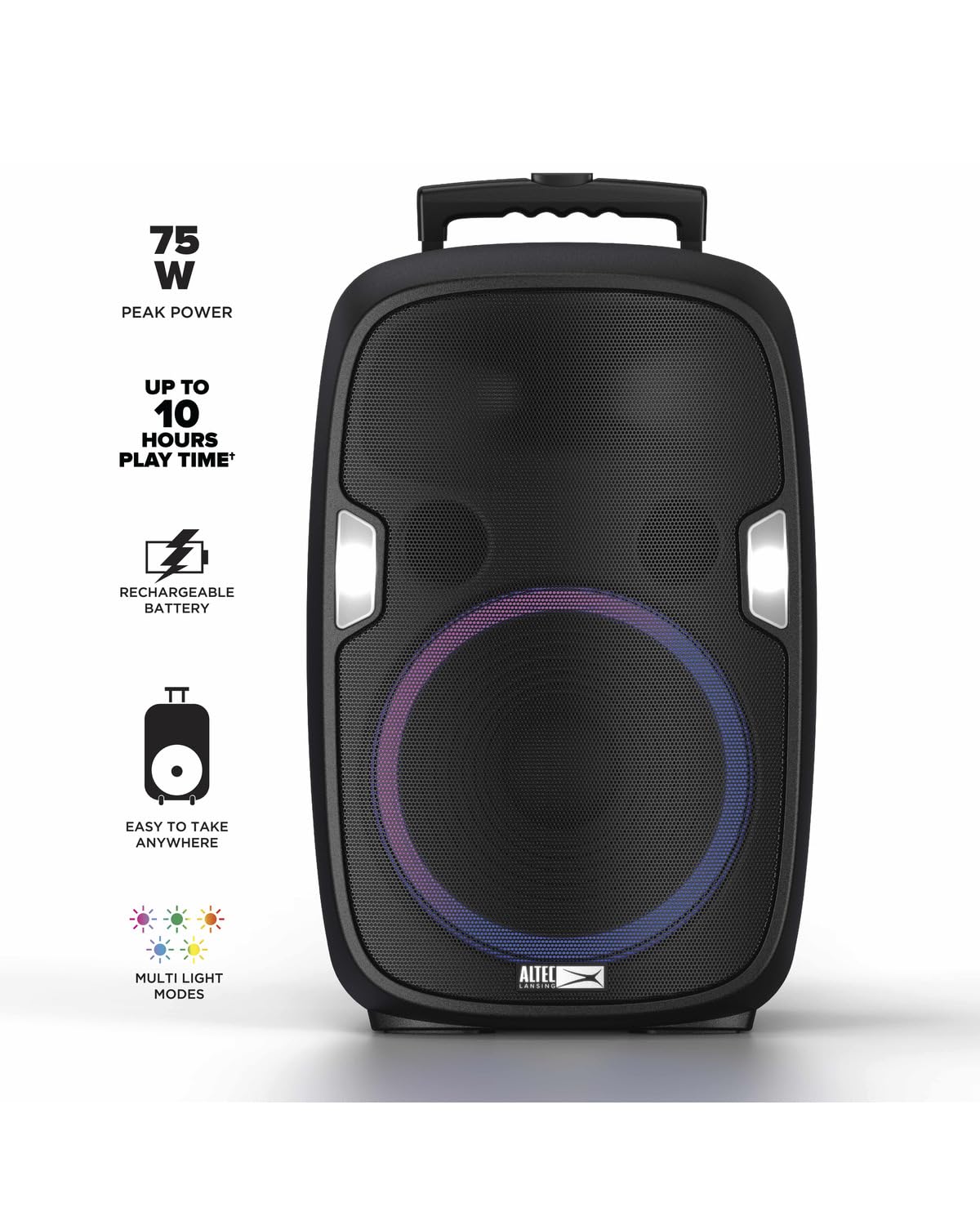 Altec Lansing SoundRover 75 Wireless Speaker 75W Bluetooth Speaker with a Long Lasting 10 Hour Battery, 50 Foot Range, Multi LED Party Modes, True Wireless Pairing, Bonus Microphone