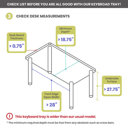 FERSGO Under Desk Keyboard Tray, 27" x 11" Tray, 17.75" Track, One Knob Control, Undermount Sliding Computer Keyboard with Wrist Rest, Adjustable Height and ±15° Tilt
