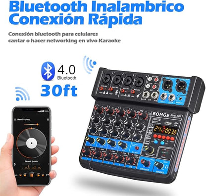 BOMGE 6 Channel mini DJ Audio sound mixer console with USB interface, Bluetooth, Stereo Recording, 48V Phantom Power, 24 DSP effects for karaoke, singing, live，streaming，pc recroding. (black)
