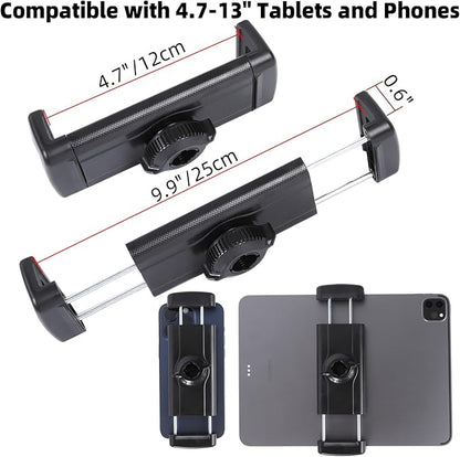 Tablet Holder for Microphone Stand/Treadmill/Spin Bike/Stroller/Golf Cart/Handlebar/Stationary Bike, Phone iPad Holder Mount for iPad Pro 12.9, Galaxy Tabs, iPhone(4.7-13”)