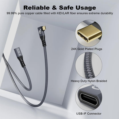 CABLEDECONN USB C 3.2 Gen-2 Extension 1M 3.3FT 90 Degree ElbowThunderbolt 3 240W Fast Charging Cable Male to Female Data Transfer 20Gbps 48V/5A 4K Video Cable Compatible with MacBook