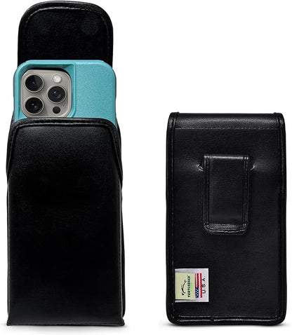 Turtleback Belt Holder for iPhone 16 Pro, 16e, 15 pro 14 Pro 13 Pro -Medium- Fits w/Shockproof Commuter Style Cases, Premium Black Leather Vertical Holster, Magnetic Closure Leather Wrapped Clip