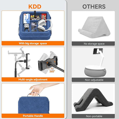 KDD Tablet Pillow Holder - 360°Adjustable iPad Pillow Stand for Lap, Bed and Desk - Gooseneck Tablet Soft Pad Dock with Storage Tray and Pocket Compatible with iPad Pro 12.9, Air Mini, Phone,(Blue)