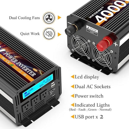 4000 Watt Power Inverter 12V DC to 110V 120V Converter for Family RV Off Grid Solar System Car with Type-C Ports 3 AC Power Outlets Dual USB Ports LCD Display Wireless Remote Control