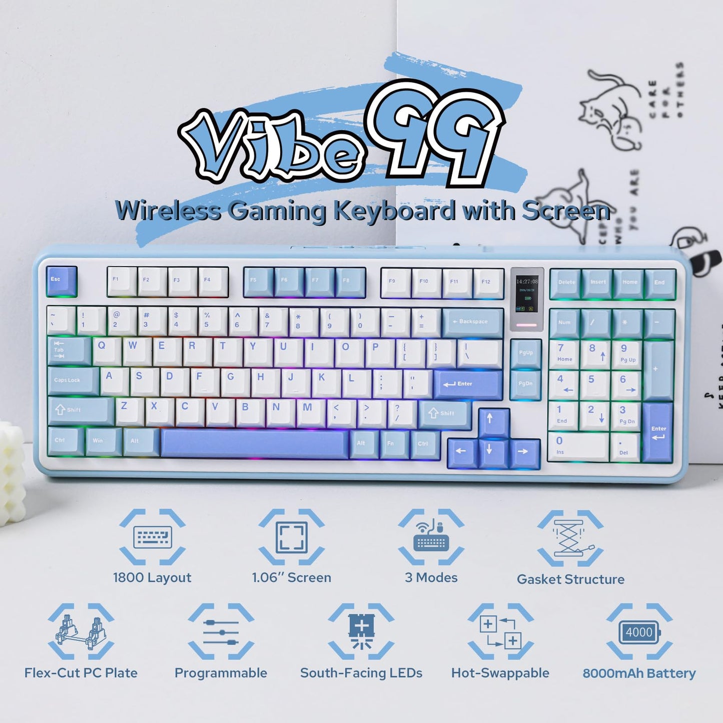 MechLands Vibe99 Wireless Gaming Keyboard with 1.06'' Screen, 96% Hot Swappable Creamy Mechanical Keyboard with Gasket Structure, BT5.0/2.4GHz/USB-C, 5-Layer Padding, RGB, NKRO for Win/Mac (Blue)
