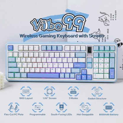 MechLands Vibe99 Wireless Gaming Keyboard with 1.06'' Screen, 96% Hot Swappable Creamy Mechanical Keyboard with Gasket Structure, BT5.0/2.4GHz/USB-C, 5-Layer Padding, RGB, NKRO for Win/Mac (Blue)