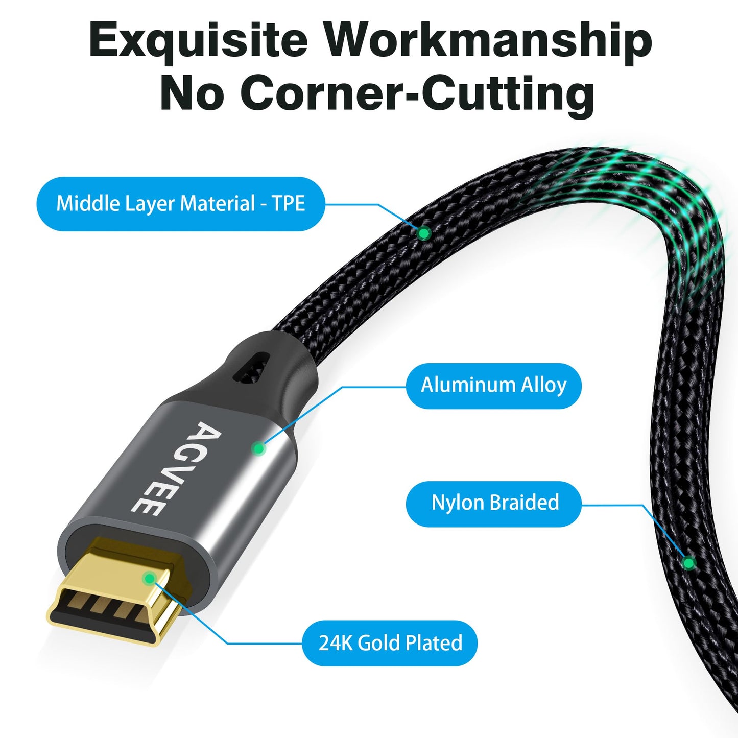 AGVEE 1ft Mini USB Cable, Durable USB-A to Mini-B Data and Charger