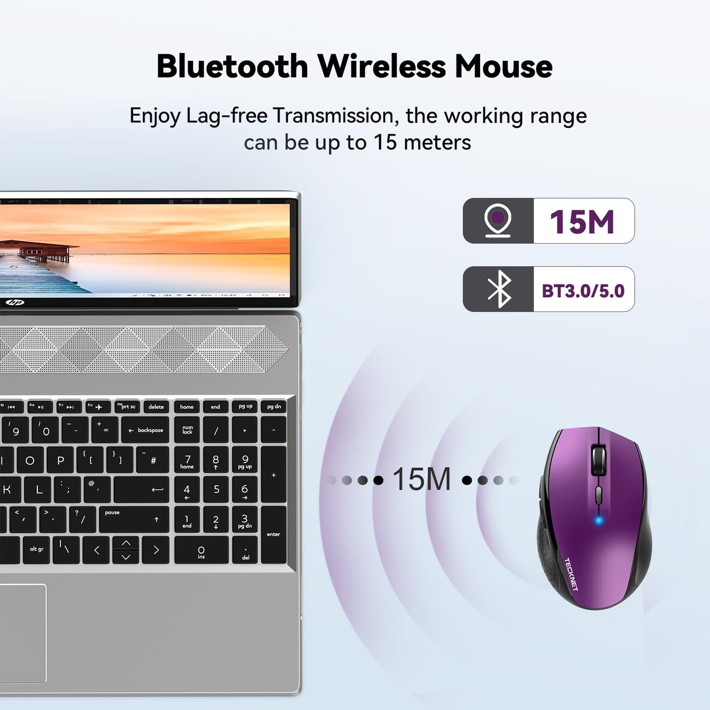 TECKNET Bluetooth Mouse, 4800 DPI Computer Mouse, 2-Year Battery Wireless Mouse 6 Adjustable DPI, 6 Buttons Compatible with Laptop/Windows/Computer(Purple)