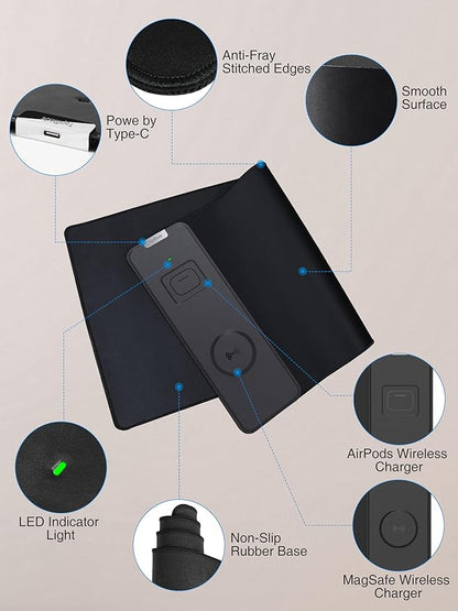 TopMade Mouse Pad with 15W Fast Wireless Charging, 31.5"x11.81" XL Large Gaming Mousepad, Waterproof Desk Pad, Classic Black Computer Desk Mat(Includes 20W PD Power Adapter & 6.56ft Woven Cable)