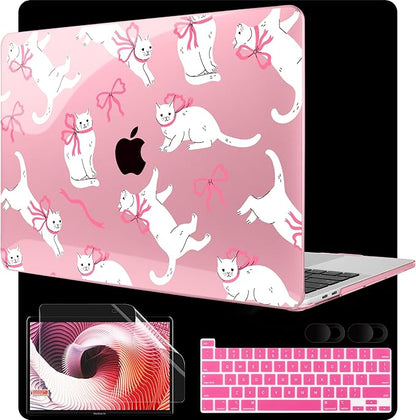 MEEgoodo Case for MacBook Pro 13 inch Case 2022 2021 2020 New A2338 M2/M1 A2251 A2289, Laptop Hard Shell with Keyboard & Camera Cover Compatible with 13 inch MacBook Pro, Cute White Cats & Bows