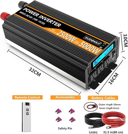 SUDOKEJI 2500W Power Inverter 12V DC to AC 110V/120V (Peak) 5000W Converter 3 sockets car Inverter with Remote Control and LED Display 3.4v USB Port