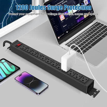 HHSOET Rotating Mountable Power Strip, 12 Outlet Wall Mount Surge Protector, Metal Heavy Duty and Versatile Outlet Strip, Stylish Appearance, Sturdy and Durable, 6ft Power Cord.(Black)