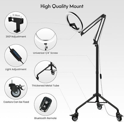 LUXSURE Ring Light Tripod for iPhone, Overhead Camera Mount with Casters,LED Ring Light with Stand and Phone Holder,Phone Tripod with Light for Video Recording/Live Streaming/Cooking