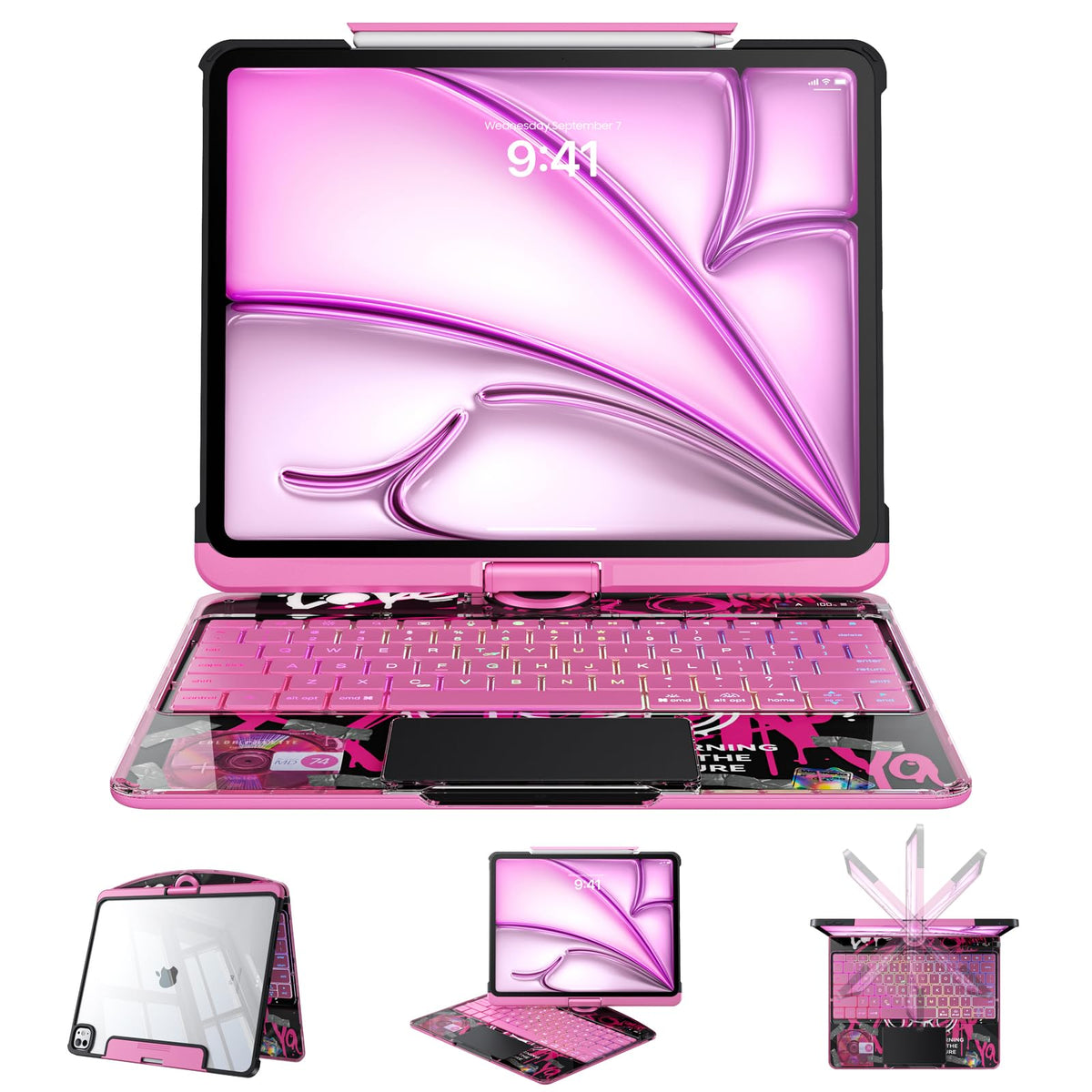 Tiaota Transparent Case Keyboard for iPad 11th Gen 11 inch (A16, 2025) & 2022 iPad 10th Gen 10.9 in,7-Color Backlit,Wireless Keyboard, 360°Rotating,Multi-Touch trackpad, Pencil Slot,Shortcuts,Black
