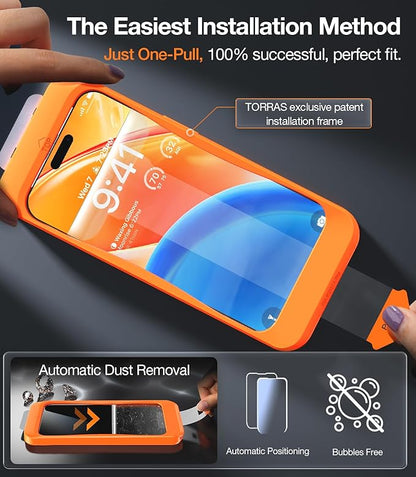 TORRAS 12 FT Military-Grade Shatterproof for iPhone 15 Pro Max Screen Protector [9H+ Aerospace Tempered Glass＆ One-Step Installation] Full Coverage Fit Bubble Free Top-Notch Protection, 2 Pack