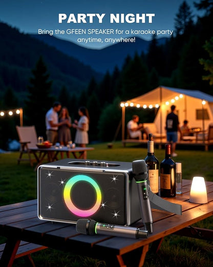 GFEEN Portable Bluetooth Speaker: 100W(160W Peak), 15H Playtime, Wireless Speakers with Microphone, 5″ Subwoofer, Loud Sound, Light Show, Fast Charging for Outdoor, Party, Backyard(Silver with 2Mic)