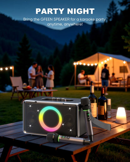 GFEEN Karaoke Machine for Adults, 100W Portable Speaker with Bluetooth and Wireless Microphone, Bass/Treble Adjustment, 6 DJ Lights, USB/AUX for Home Party, Outdoor, Backyard(Silver with 2Mic)