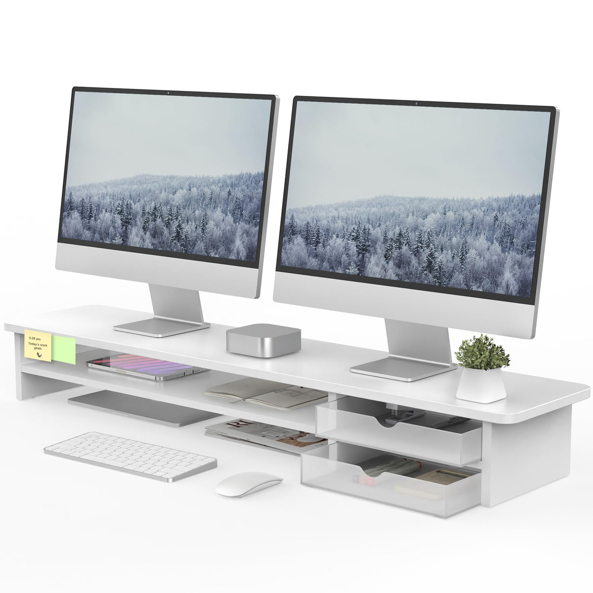 Fenge Monitor Stand, Desk Computer Riser with Frosted Storage Drawer, Oak