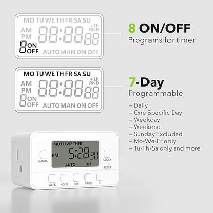 BN-LINK 7-Day Heavy Duty Digital Timer with Dual Outlet, LCD Display, 3-Prong Programmable Design, for Lights, Fans, Coffee Machine, Home, Kitchen, Office, Indoor Use, 125V 15A 1875W, 1 Pack