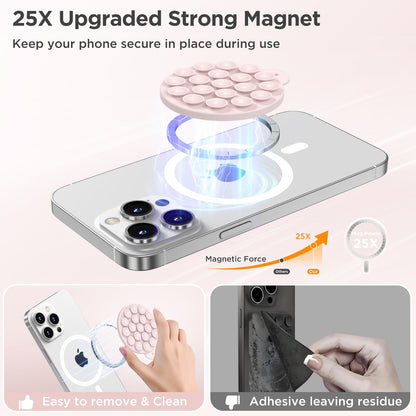 HSAOHD Magnetic Suction Cup Phone Mount, Compatible with MagSafe, Silicone Octo Cup Buddy Sticky Grip Holder for iPhone and Android, Removable Hands-Free Selfie/Video for TikTok, Lovely Pink