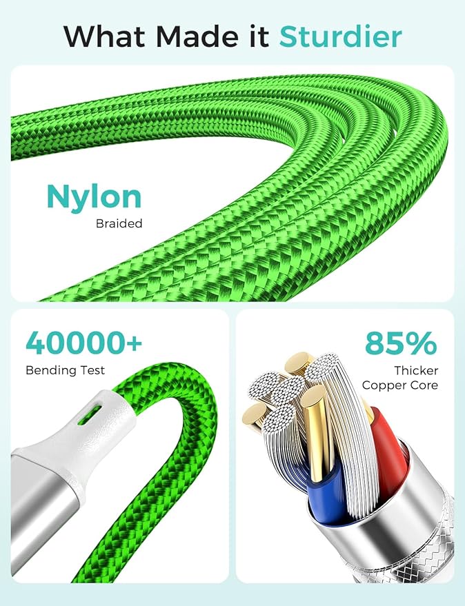 Travel Essentials Multi Charging Cable for Watch Charger 4 in 1 Fast Charger Camping Essentials USB C/L/Micro Compatible with Watch Series 10-1/SE/Ultra Phone 16 15/Galaxy Android-4FT/Green
