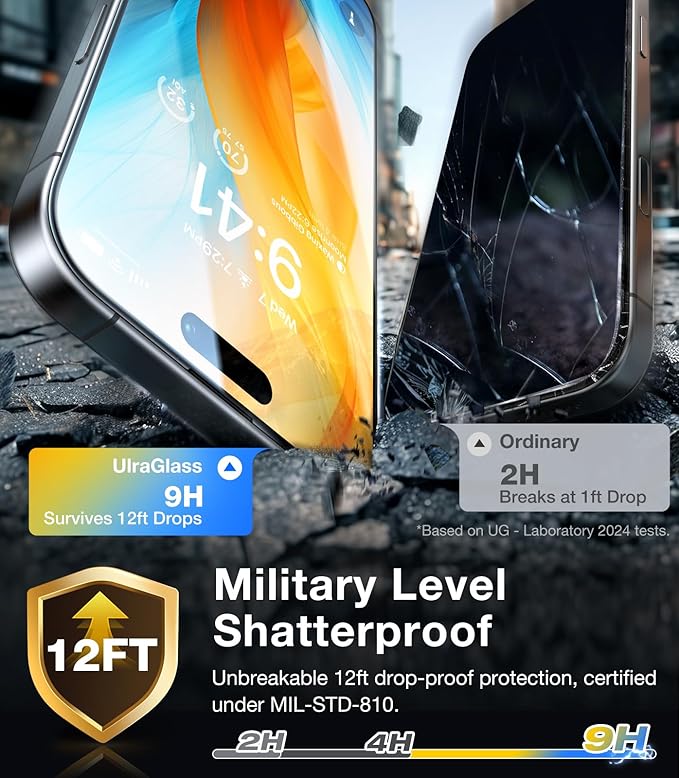 UltraGlass Unbreak Top 9H+ Glass for iPhone 16 Pro Screen Protector 6.3" (12FT Military Grade Shatterproof) Screen Protector 16 Pro Tempered Glass (Longest Durable) Full Coverage 16Pro, 2 Pack