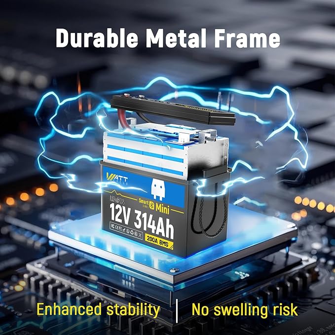 12V 314Ah Lithium LiFePO4 Battery Mini with Bluetooth 5.0 BMS 200A, 4.01kWh Energy, Upgraded Aluminum Cooling Fins & Braided Copper Wires, upporting devices over 2000W (3 PCAK)