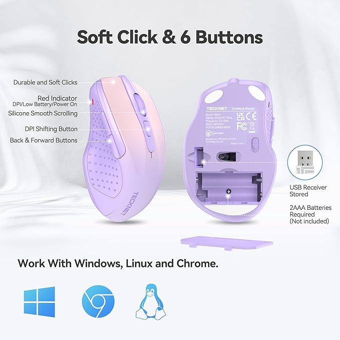 TECKNET Wireless Mouse, 2.4G Ergonomic Optical Mouse, Computer Mouse for Laptop, PC, Computer, Chromebook, Notebook, 6 Buttons, 24 Months Battery Life, 4000 DPI, 6 Adjustment Levels