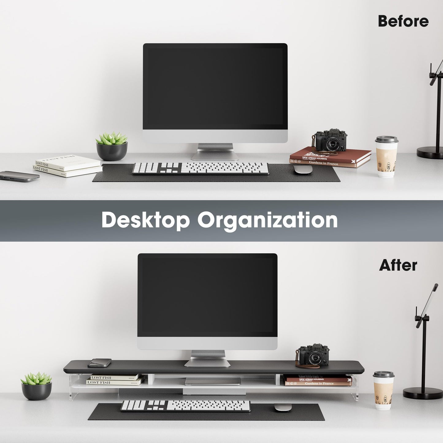 Fenge 42.5" Dual Monitor Stand with Clear Acrylic Legs, Black