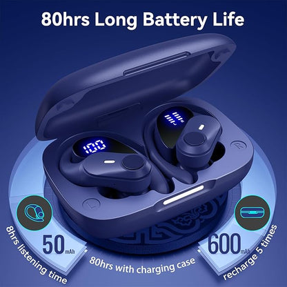 GOLREX Active Noise Cancelling Ear Buds Wireless Earbuds Bluetooth Headphones with 80H Playtime LED Display Wireless Charging Case, Over-Ear Hooks Earbud for Sports Running Gym Workout Blue