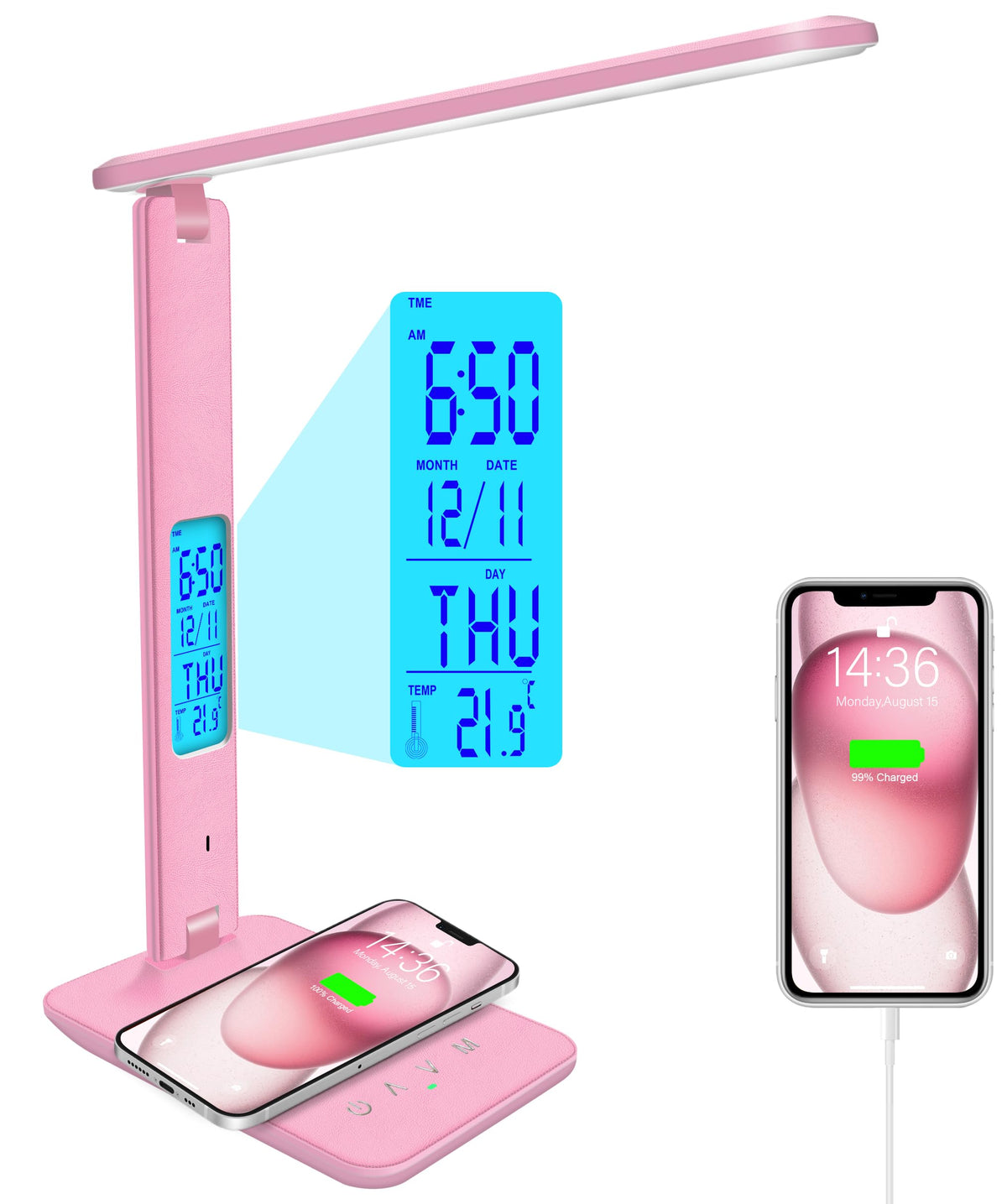 snsok Desk Light with Wireless Charger, USB Charging Port, Dimmable Office Desk Lamp with Clock, Alarm, Date, Temperature, Foldable Lamp for Table Bedroom Bedside Office