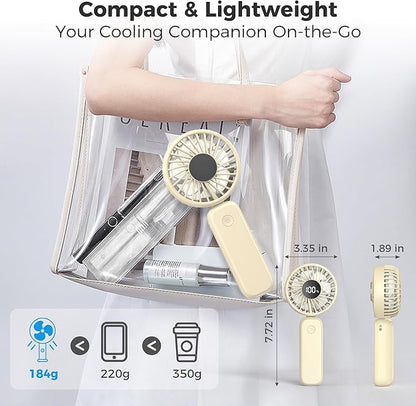 Portable Handheld Fan, 5000mAh Rechargeable Battery, Max 15H Cooling, 4 Speeds, LED Display, Foldable Design, 3-IN-1 Personal Pocket Fan with lanyard for Travel Outdoors Makeup Concert Commute
