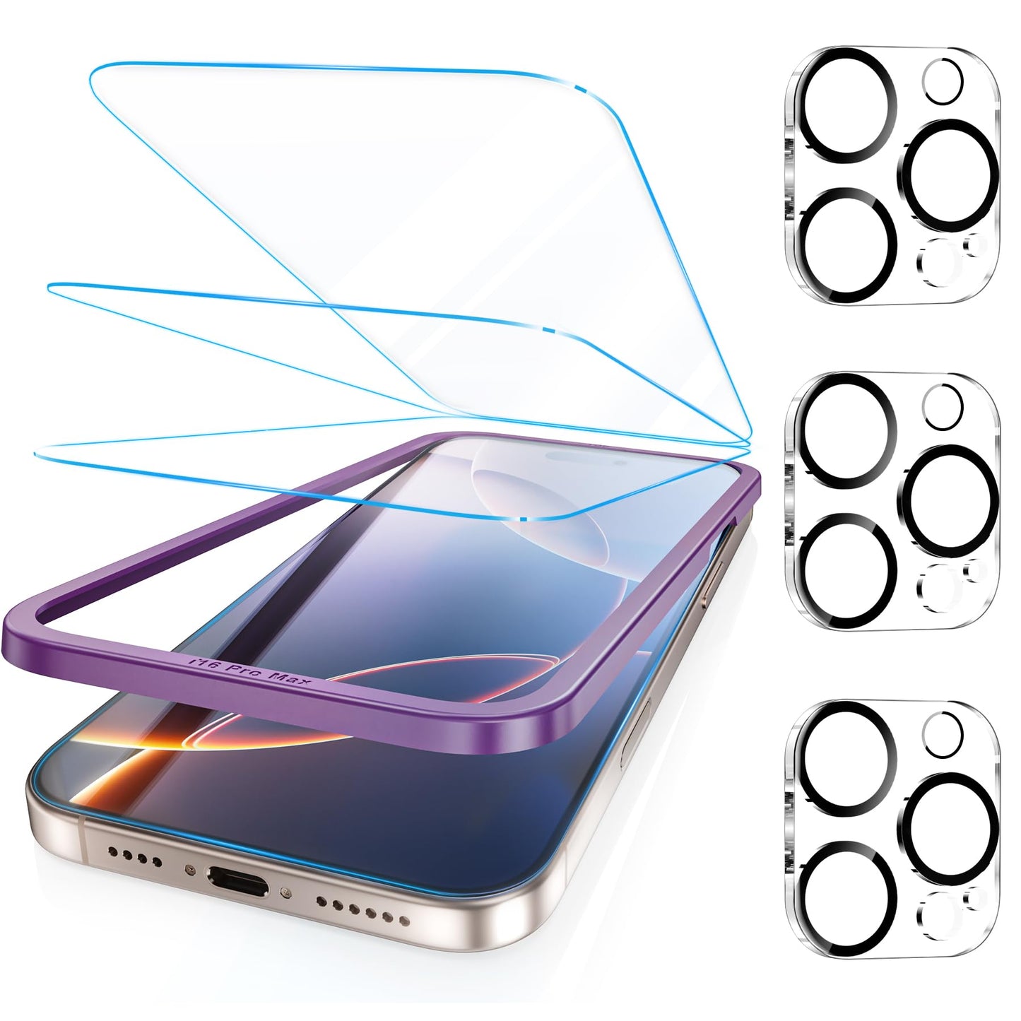Fotbor [3+3 Pack for iPhone 16 Pro Screen Protector, Anti-Blue Light, [Eye Protection] 9H+ Tempered Glass with Camera Lens Protector
