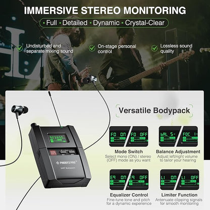 Phenyx Pro Wireless in Ear Monitor System, True Stereo UHF IEM, in Ear Monitors for Musicians, Metal Stage Monitor w/ 89 Frequencies, Rack Mount, for Studio/Band (2 Bodypacks with Transmitter)