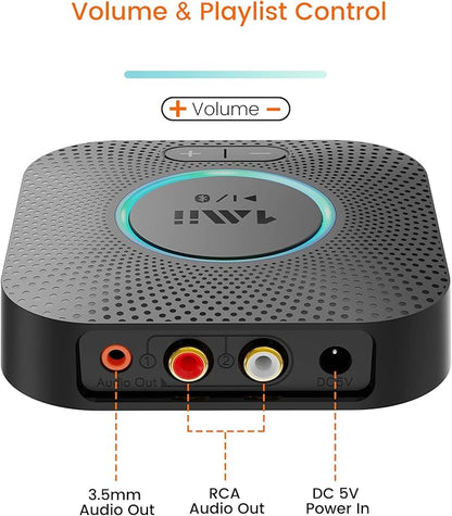 1Mii B06S Bluetooth 5.2 Receiver for Music Streaming System, Hi-Fi Wireless Audio Adapter for Stereo Receiver w/aptX HD aptX Low Latency, Bluetooth Receiver w/Volume Control RCA/3.5mm Outputs