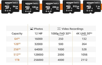 Amazon Basics Micro SDXC Memory Card with Full Size Adapter, A2, U3, Read Speed up to 100 MB/s, 256 GB, Black