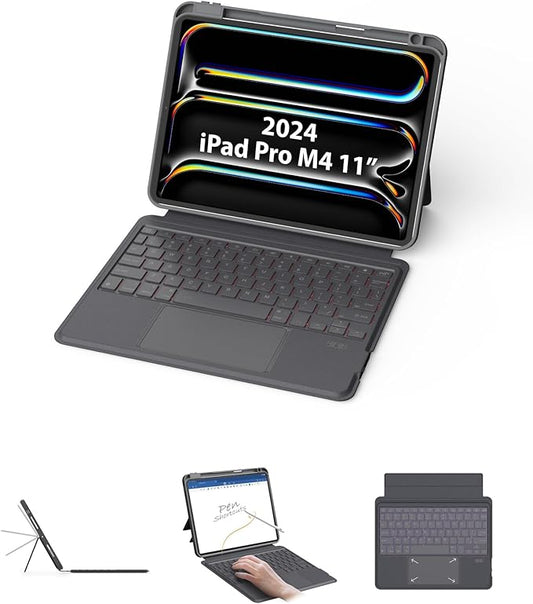 EIP Bluetooth Keyboard Case for iPad Pro 11 inch (M4/M5), 11" Magnetic Detachable Cover with Trackpad, Patented Stylus Shortcuts, 7-Color Backlit Keys, Slim Protective Smart Case