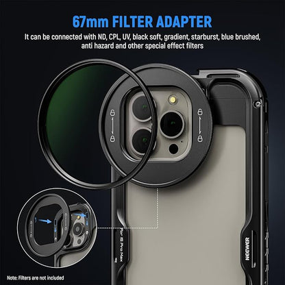 NEEWER 15 Pro Cage [2nd Gen], Video Rig Phone Stabilizer with Quick Release Side Handle, 67mm Filter Adapter, 17mm Lens Backplate, T Mount Lens Adapter Compatible with Moment, PA043+PA045B
