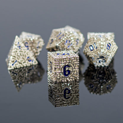 Rolledomain Metal Hollow DND Dice Set with A Gift Box, Silver Metallic Luster Maze Design, Ideal DND Dice Set for D&D DM and Players, Perfect for Dungeons and Dragons, MTG, COC Game Meetings (Cleric)