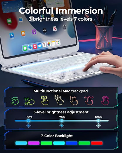 SIEBITU Clear Wireless Keyboard Case for iPad Air 13-inch (M3 2025/M2 2024) & iPad Pro 12.9-inch 6th 5th 4th 3rd Gen with Pencil Holder, Multi-Touch Trackpad & 7-Color Backlit, 360°Rotating, White