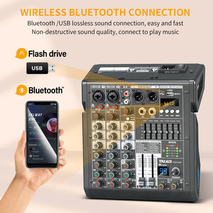 TKLBLS 4 Channel Audio Mixer for Home Audio, Sound Mixer Board with USB Interface, 99 DSP Effects, 48V Phantom Power, XLR Inputs for Karaoke, Recording