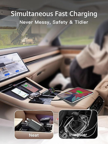 Retractable Car Charger USB C,107W Type C Car Charger Fast Charging with Dual Retractable Cable and USB Ports, Compatible with iPhone 16/15/14/13,S25/24/23/22, Pixel 9/8/7