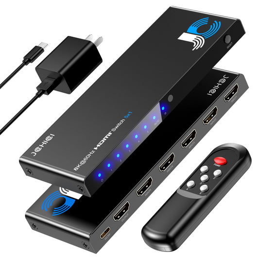 JCHICI HDMI Switch 5 in 1 Out 8K@60Hz 4K@120Hz - HDMI 2.1 Switcher Splitter with Remote, Auto-Switching - Supports HDCP 2.3, HDR10, Dolby Vision, 3D, VRR - Compatible with PS5/Xbox/PC/Blu-ray Player