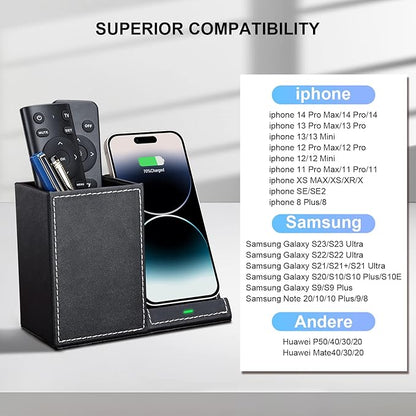 Wireless Charger with Desk Organizer, Wireless Charging Station for iPhone 13/13 Pro Max/13 Pro/12 Series/11/XS Max/XR/X/8Plus/SE 2, Wireless Charging Stand with Leather… (Black S)